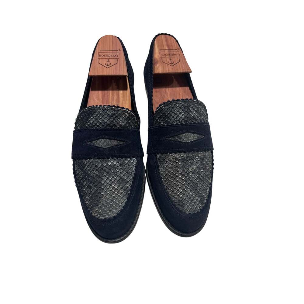 STUART WEITZMAN NAVY BLUE SUEDE LOAFERS WITH SNAKE SKIN EFFECT, TEXTURED 7.5N
